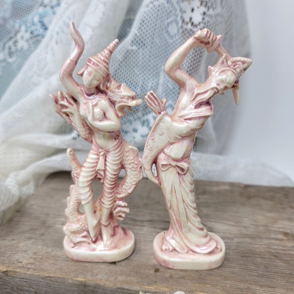 Vintage Ceramic Hindu God & Goddess Statues Pink & White Iridescent Glaze